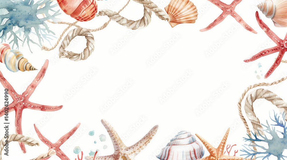 Naklejka premium Marine themed watercolor border with various sea elements.