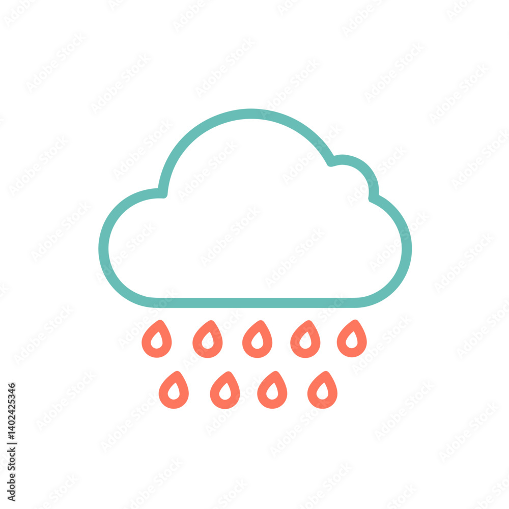 A minimalistic line art icon of rain (cloud and drops), styled as a simple interface icon. A minimalistic line art icon of rain (cloud and drops), styled as a simple interface icon.