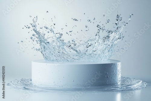 A vibrant water splash erupting upwards from a cylindrical podium