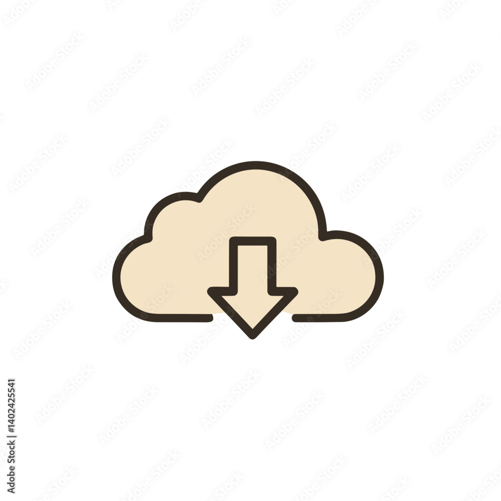 A minimalistic line art icon of a cloud with download arrow, styled as a simple interface icon. A minimalistic line art icon of a cloud with download arrow, styled as a simple interface icon.