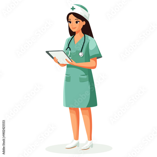 Female Nurse in Green Scrubs Holding a Clipboard