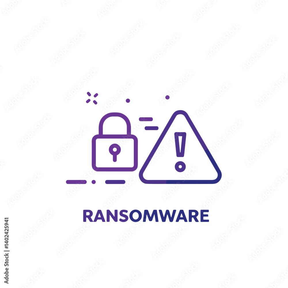 A minimalistic line art icon of ransomware (lock and warning sign), styled as a simple interface icon. Use lavender and dark indigo lines only. A minimalistic line art icon of ransomware (lock and warning sign), styled as a simple interface icon. Use lavender and dark indigo lines only.