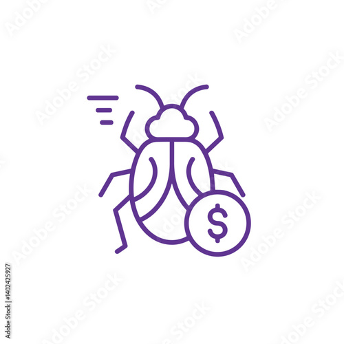 A minimalistic line art icon of bug bounty (insect with dollar sign), styled as a simple interface icon. Use lavender and dark indigo lines only.