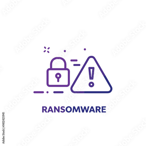 A minimalistic line art icon of ransomware (lock and warning sign), styled as a simple interface icon. Use lavender and dark indigo lines only.