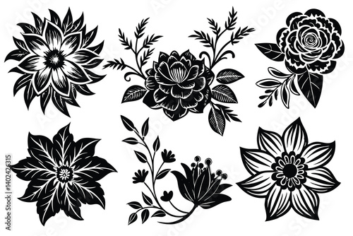 Black and White Floral Vector Set, Elegant Flower Illustrations for Design Projects.