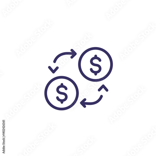 A minimalistic line art icon of currency exchange, styled as a simple interface icon.