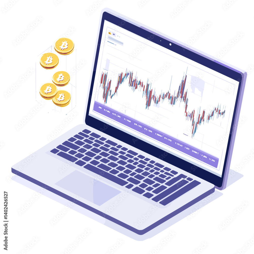 Isometric Laptop Displaying Cryptocurrency Market Graph Isometric Laptop Displaying Cryptocurrency Market Graph