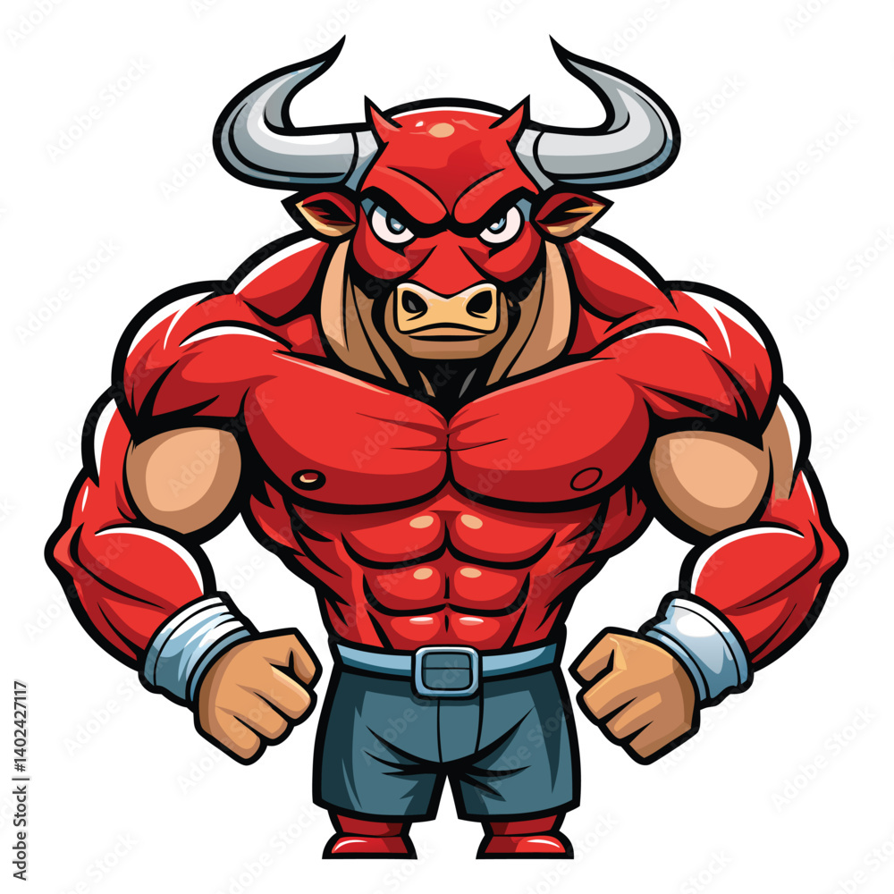 Powerful bull mascot with bulging muscles and boxing attire Powerful bull mascot with bulging muscles and boxing attire