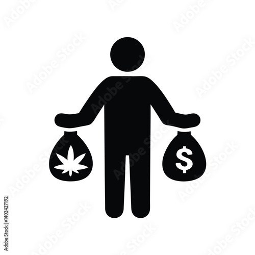Man Holding Bags of Money and Marijuana Leaf Icon on Transparent