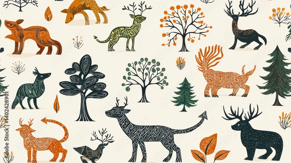 Artistic wildlife patterns featuring forest animals in nature design