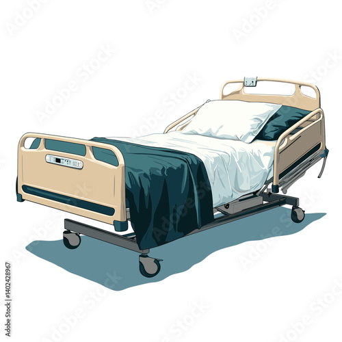 Beige Hospital Bed with Teal Bedding