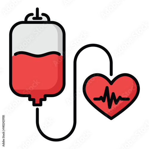 lood donation icon, featuring a blood bag connected to a heart, symbolizing the importance of life-saving donations and compassion. Represents blood donation, health care, and medical support