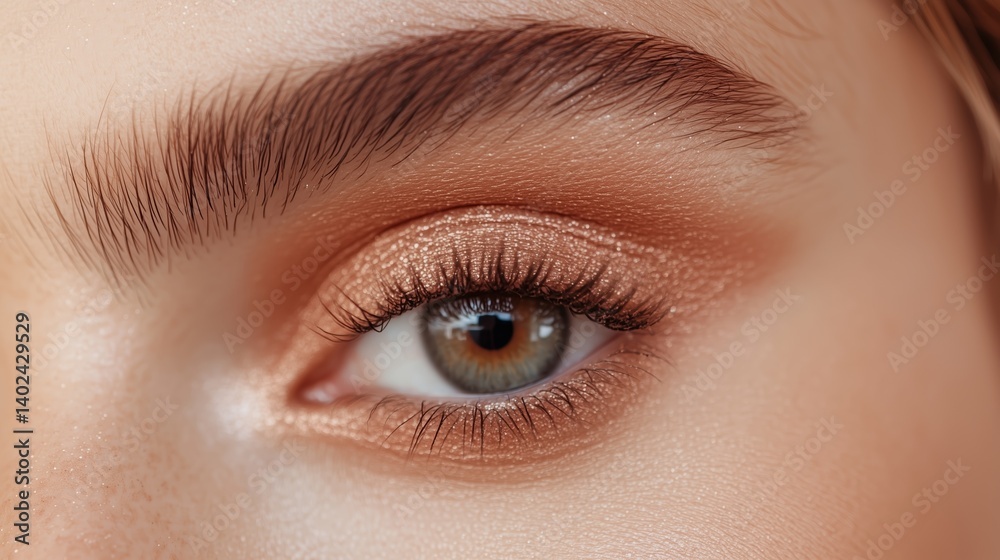 Fototapeta premium Close-up view of a woman's eye showcasing elegant makeup with shimmery tones and perfectly groomed eyebrow in natural light