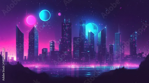 A futuristic city skyline with abstract data visualizations and glowing elements representing technology and analytics. illustration
