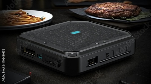 Black Textured Mini PC on Dark Tabletop with Food