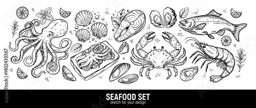 Sea cocktail: octopus, scallops, oysters, mussels, crab, shrimp, salmon with lemon and rosemary. Hand drawing sketch.