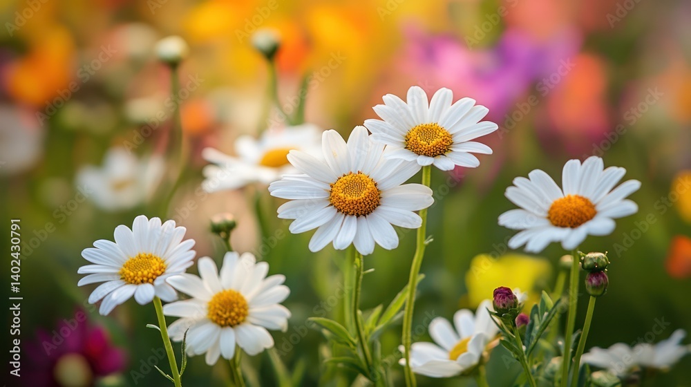 Fototapeta premium Daisies blooming, garden, sunset, colorful background, floral design