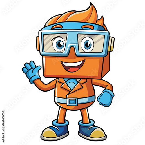 Friendly cartoon scientist character waving