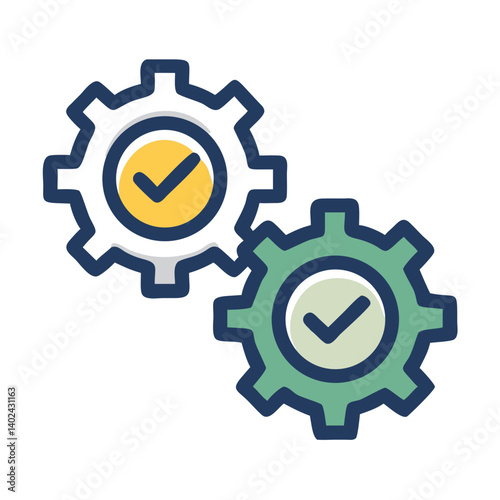 Two Gears with Checkmark Icon Representing Process Completion and System Optimization
