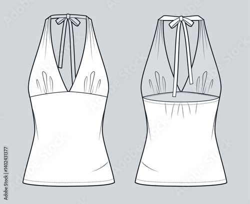 Halter Neck Top with Tie Closure Fashion Flat Sketch. Top fashion flat technical drawing template, draping, fitted, front and back view, white, women CAD mockup.