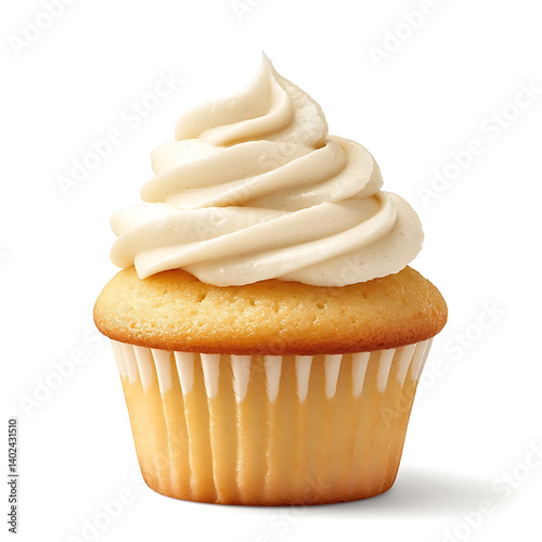 A freshly baked vanilla bean cupcake with golden brown top, soft crumb, and smooth buttercream frosting