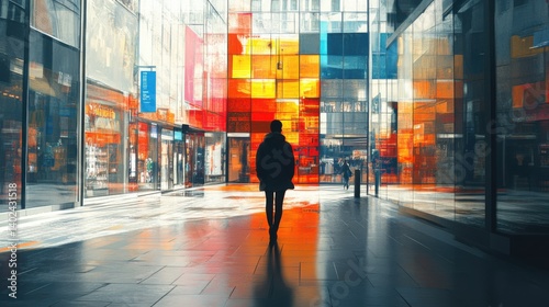 A person walking through a vacant city shopping district, storefronts shuttered and no other pedestrians 
