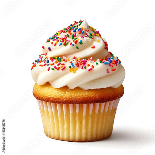 A freshly baked vanilla cupcake with smooth frosting, soft crumb, and colorful sprinkles