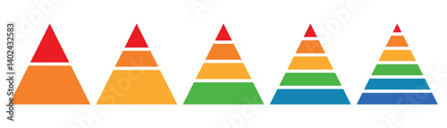 Levels of triangular pyramid. Pyramid infographic set. Half triangle pyramid chart. Maslow layer diagram. Development level infographic. Business graph. Vector business illustration.