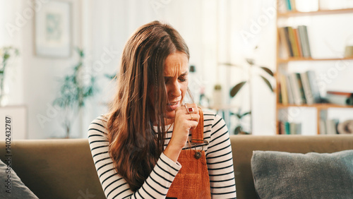 Tableau sur toile Home, sick and woman on sofa, cough and disease with illness, pneumonia and bronchitis in living room