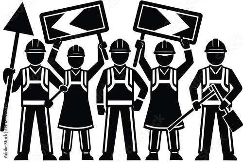 Road construction crew, holding road signs and equipment in black and white.