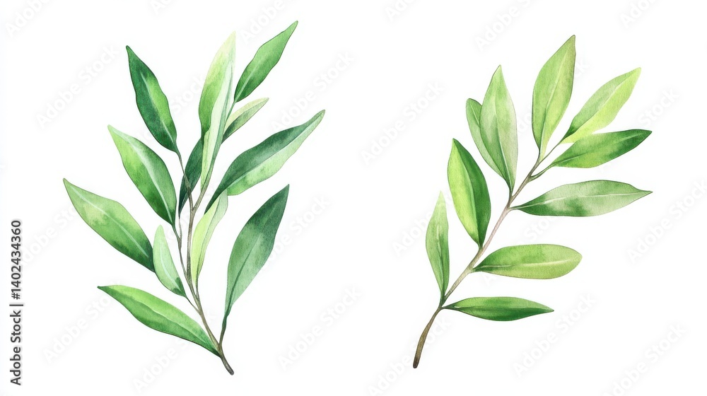 Fototapeta premium Watercolor floral illustration set - green leaf branches collection, for wedding stationary, greetings, wallpapers, fashion, background. Eucalyptus, olive, green leaves, etc. illustration