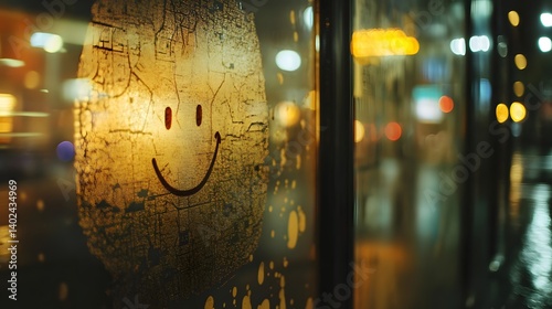 Street map board fogged up with finger-drawn smiley face.
