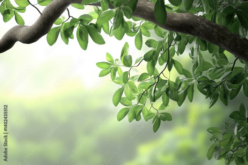 Fototapeta premium A green tree branch with leaves over blurred background of a forest