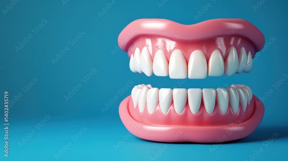 Fototapeta premium A dental care background featuring 3D white teeth with ample copy space in blue backdrop illustration