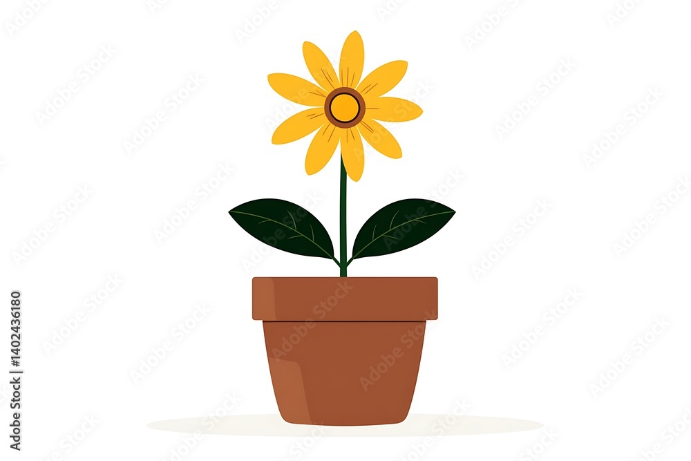 Stylized Yellow Flower with Green Leaves Growing in a Brown Pot on White Background Stylized Yellow Flower with Green Leaves Growing in a Brown Pot on White Background