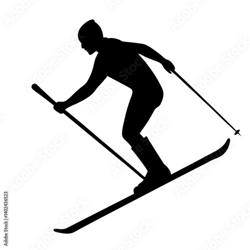 Set of skier silhouette vectors featuring various skiing poses – perfect for sports bundle packs, ski-themed apparel, adventure digital assets, winter season illustrations, and extreme sports collecti