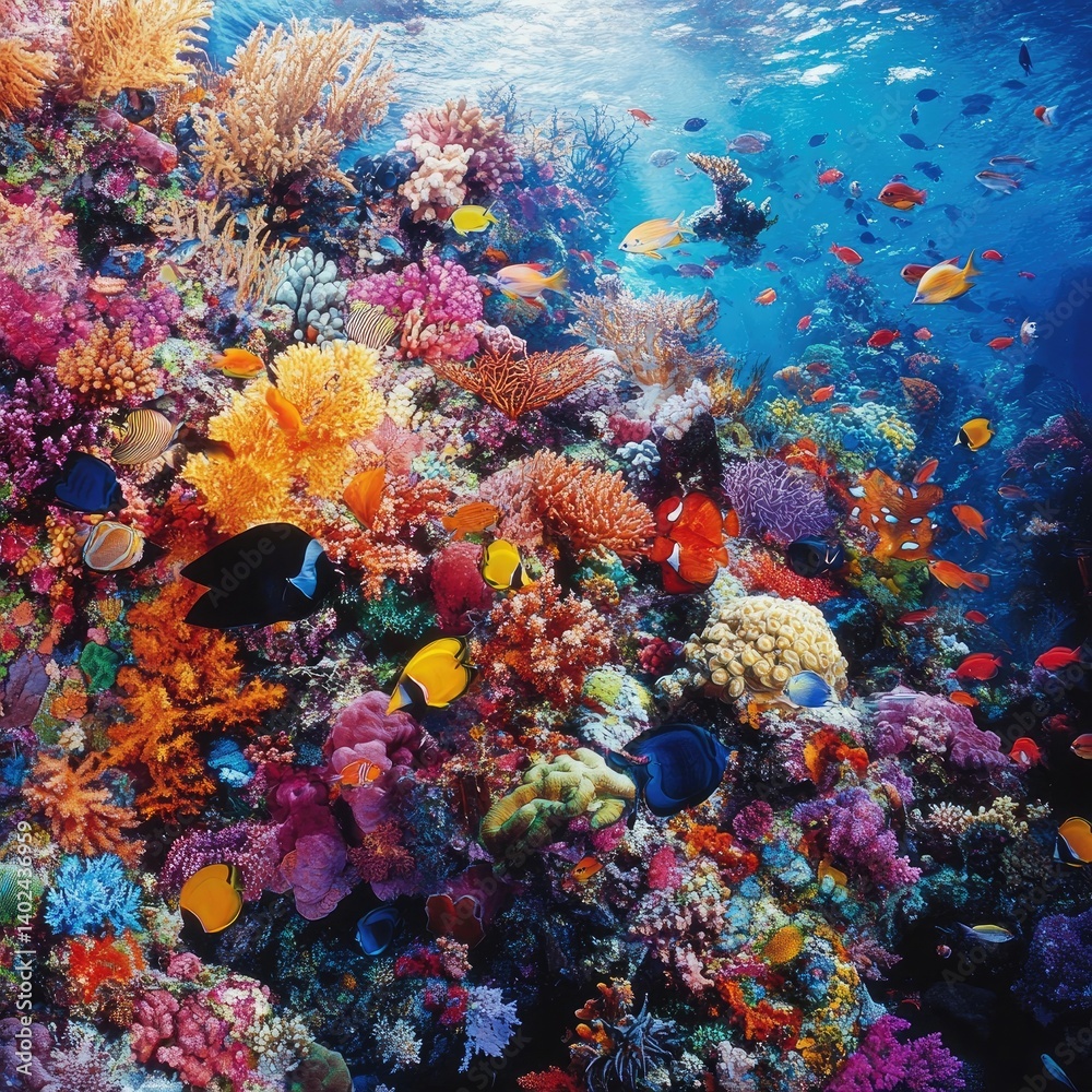 Fototapeta premium Vibrant coral reef teeming with colorful fish. A kaleidoscope of life underwater