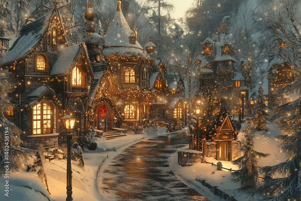 Fototapeta premium A picturesque winter village adorned with festive lights and a serene atmosphere.