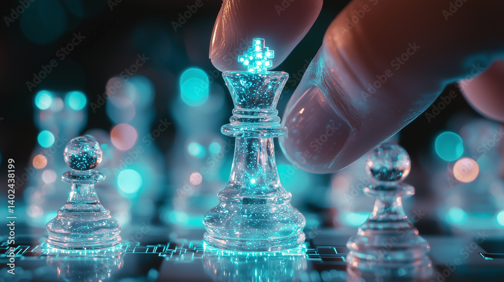A hand moves a glowing chess piece, symbolizing strategy and decision-making. A hand moves a glowing chess piece, symbolizing strategy and decision-making.