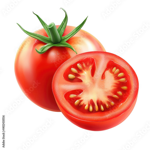 Juicy Red Tomato: A vibrant, ripe tomato and its halved counterpart showcase their juicy interior, seeds, and rich red color.