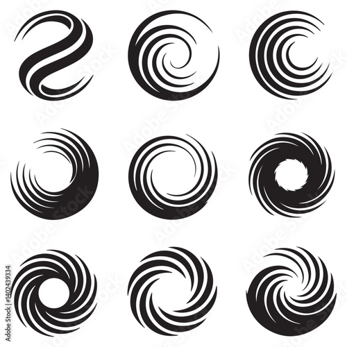 Spiral and swirl motion twisting circles design element set Vector Black silhouettes. with white background