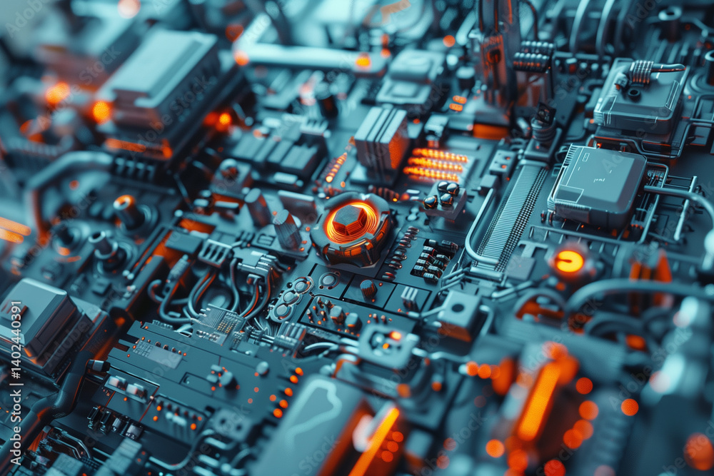 Fototapeta premium Detailed image of complex electronic circuit boards with glowing elements.
