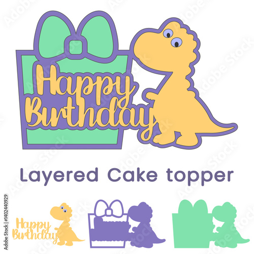 Happy Birthday cake topper, Kids party decor with cute dinosaur, Layered svg 