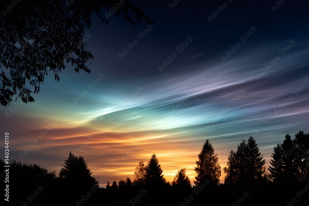 Polar stratospheric clouds shining over the forest at sunset Polar stratospheric clouds shining over the forest at sunset
