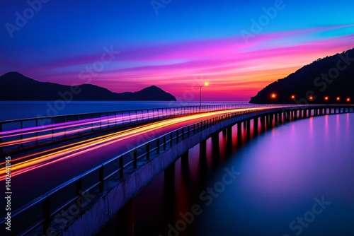 Light trails illuminating bridge over calm sea at vibrant sunset