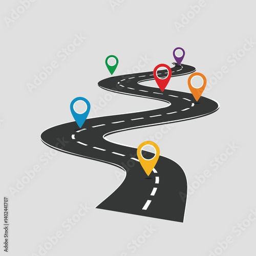 Business concept a vector illustration of a winding road with dashed white lines symbolizing a journey or a path. Place six colorful location markers.