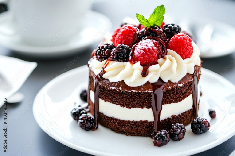 Delicious chocolate cake with cream, berries and mint on white plate Delicious chocolate cake with cream, berries and mint on white plate