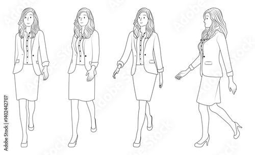 Doodle Line Art of a Young Businesswoman Wearing a Suit and Skirt in Various Walking Poses.