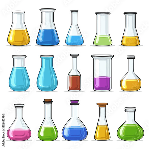 Colorful Beakers and Flasks in a Science Lab Setting