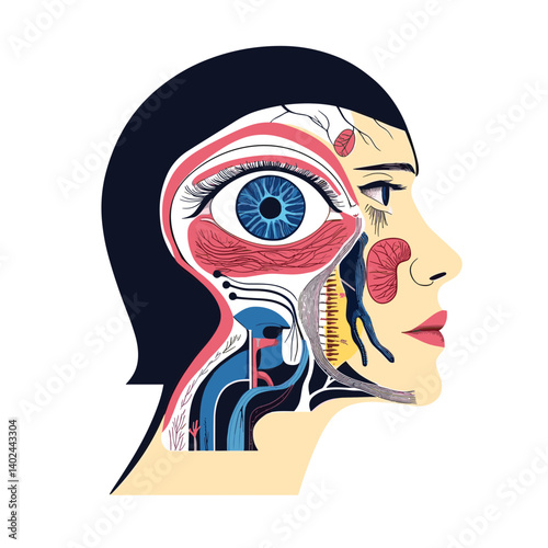 Detailed Colorful Illustration of Human Head Anatomy in Profile